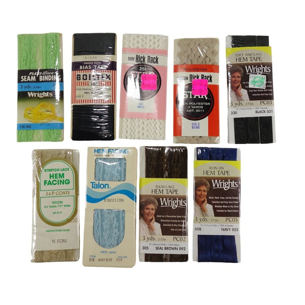 Vintage Seam Binding Hem Tape Bias Tape Rick Rack Assorted Lot of 9 Packages NOS